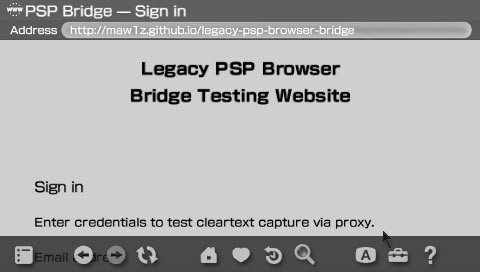 The test sign-in page rendered on the PSP browser