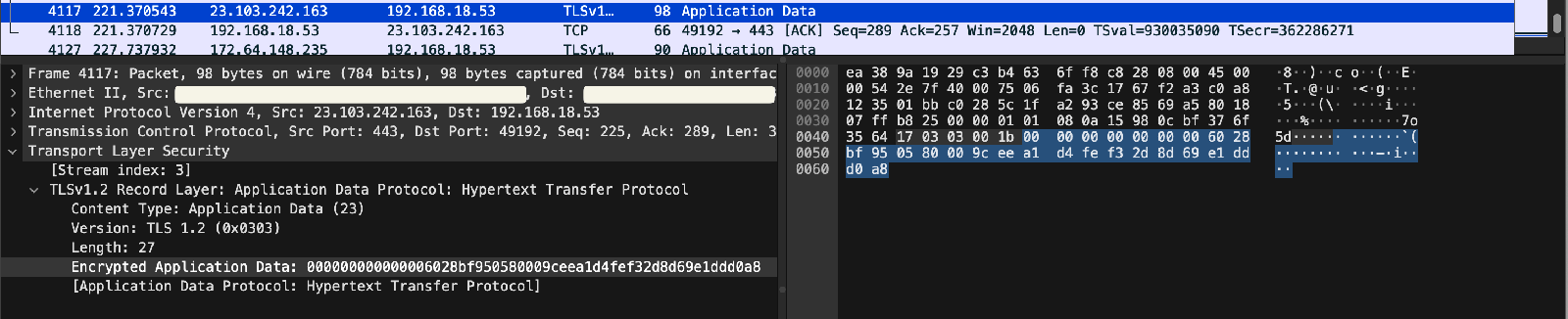 Wireshark capture of a modern browser POST over HTTPS showing only encrypted application data